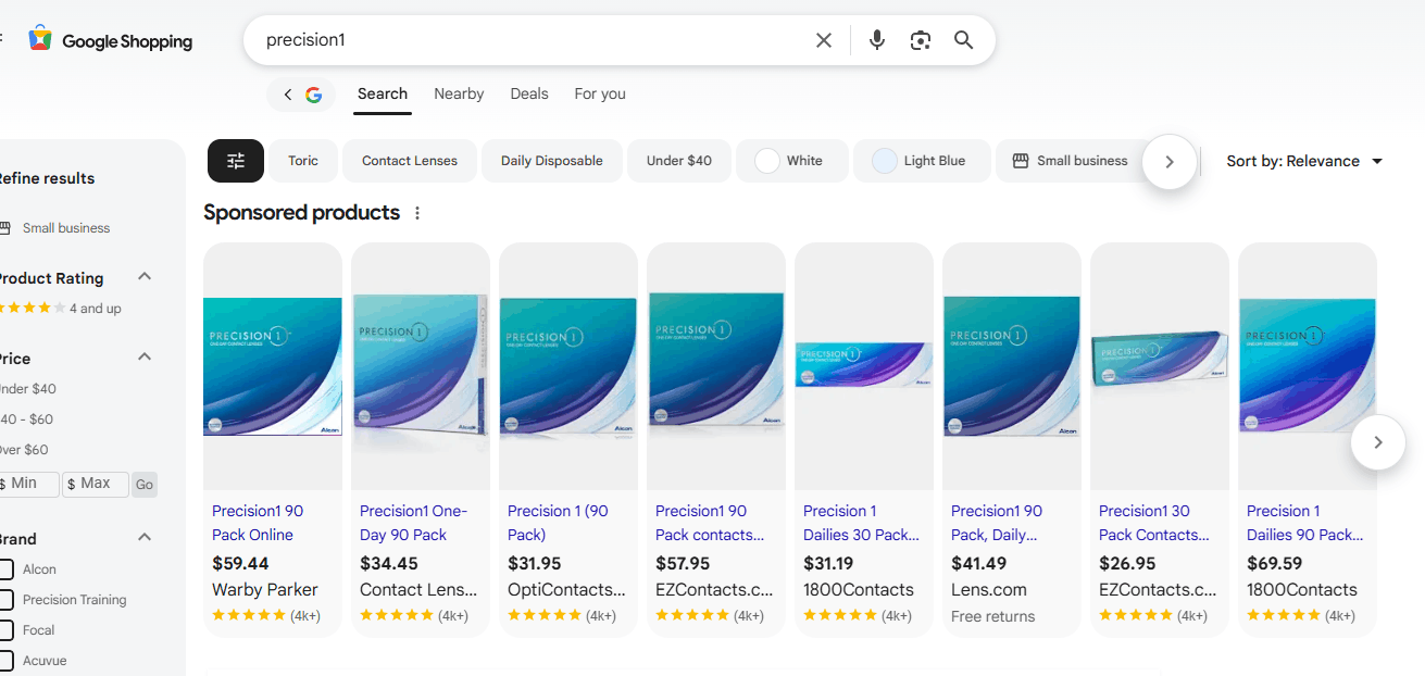 A second Google Shopping screenshot showing sponsored contact lens product prices from several sellers.