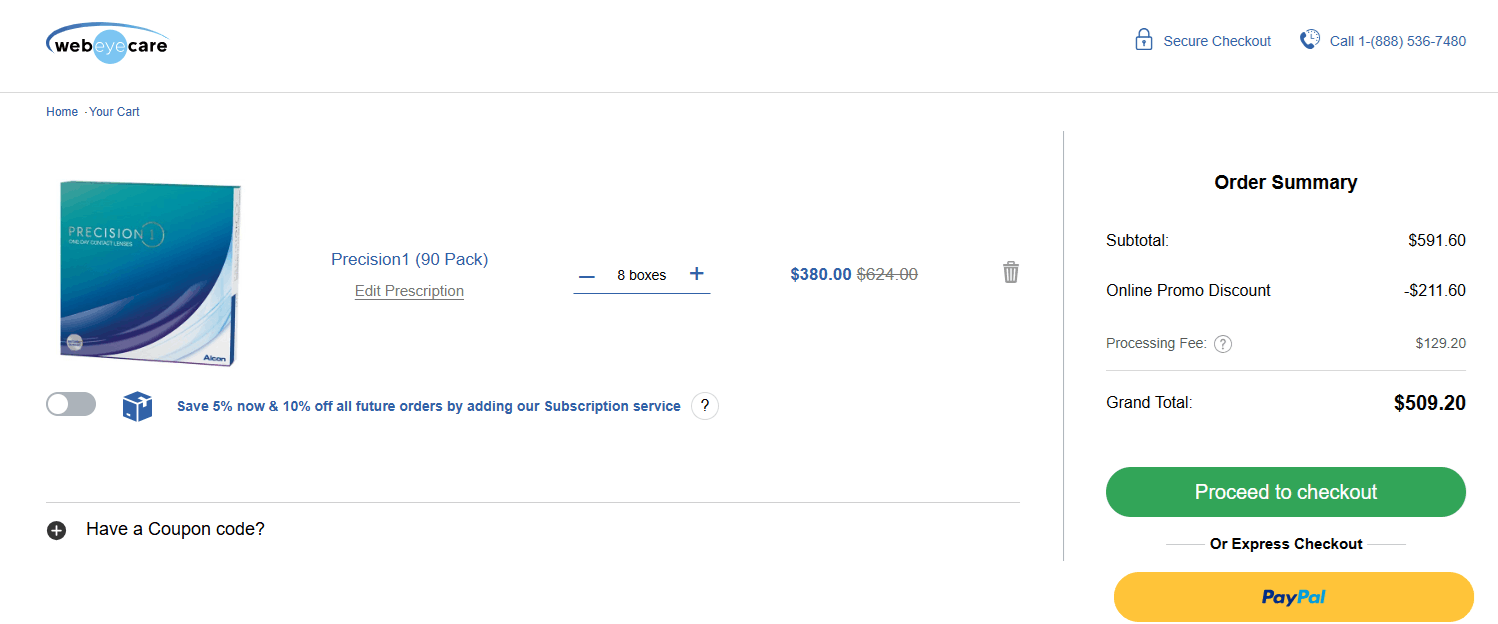 WebEyeCare cart showing a $129.20 processing fee.